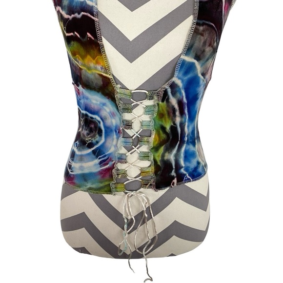 Handmade Geode Tie Dye Tank Top Halter Womens Small Ribbed Shirt Blue Upcycled - Picture 5 of 11